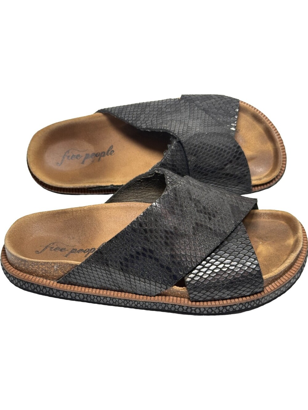 FREE PEOPLE Sidelines Footbed Sandals Womens 6.5 US 37 EU Black Snakeskin Slides